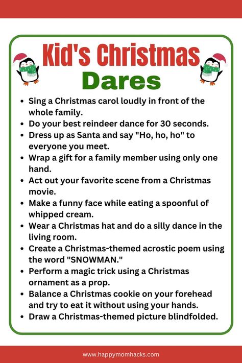 Best Free Printable Christmas Games for Parties | Happy Mom Hacks Christmas Dares Game, Christmas Dares, Christmas Games Free Printable, Christmas Games For Parties, Homeroom Activities, Free Printable Christmas Games, Free Christmas Games, Fun Holiday Games, Christmas Activities For Families