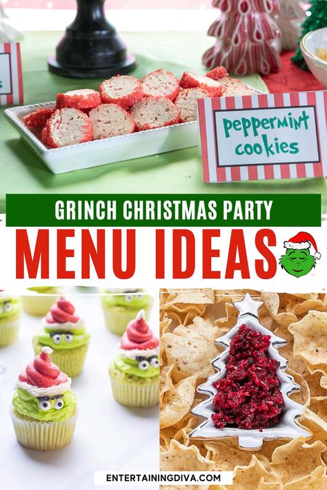 Savory Grinch Food, Grinch Christmas Meal, Grinch Party Menu Ideas, Christmas Party Themed Food, Whoville Food Ideas Holiday Parties, Grinch Movie Night Dinner, Grinch Party Food Easy Recipes, Grinch Food Labels, Grinch Christmas Dinner Ideas