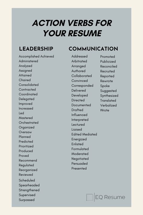 Make your resume stand out with EQ Resume! Discover powerful action verbs to enhance your accomplishments and captivate employers. Elevate your professional narrative today. #resume #actionverbs #EQResume #careeradvice #jobsearch #resumetips #careerdevelopment #jobhunt #professionalgrowth #resumewriting Workplace Tips, Resume Verbs, Leadership Development Activities, Business Writing Skills, Job Interview Answers, Improve Life, Job Interview Preparation, Job Skills, Interview Answers