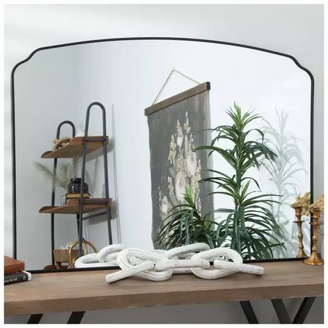 Large Mirror Black Frame, Black Mirror Over Mantle, Mirror Above Entry Table, Over The Mantle Mirror, Mantel With Mirror Decorating Ideas, Fireplace Mirror Ideas Living Room, Mantle Mirror Decor, Layered Mirrors Mantle, Mirror In Dining Room Ideas