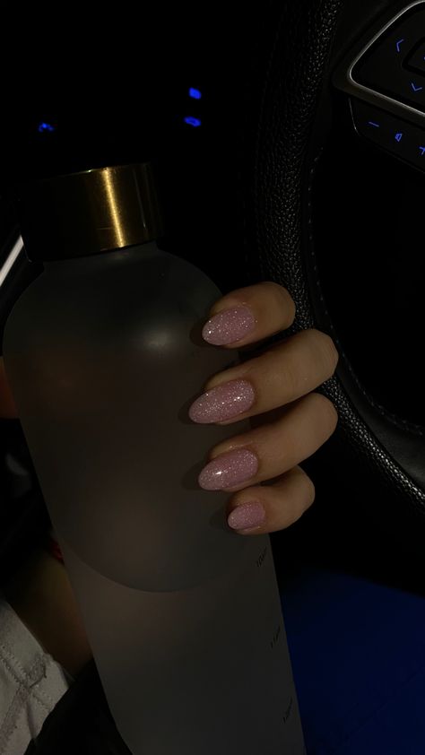 Pink glittery nails, nails, nail idea, pink, glitter, almond shape nails, nail inspo Glittery Nail Inspo Acrylic, Pink Soarkly Nails, Glitter Nails Almond Shape, Baby Pink Nails With Glitter, Glitter Nails Simple, Glittery Nude Nails, Sparkly Almond Nails, Glittery Pink Nails, Pink Glittery Nails