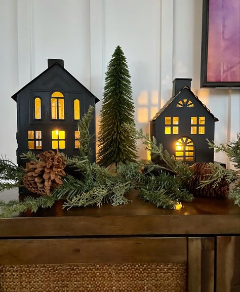 Houses were painted Flat Black. Follow UpstateNYHome on Instagram for more home inspo Zinc House, Black Metal House, Xmas Village, Metal House, Winter Village, Home Inspo, Christmas Village, Winter Decor, Black Metal