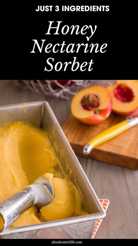 Just three ingredients and no refined sugar in this honey nectarine sorbet make it a simple frozen dessert. Sorbet is dairy-free, so the pure natural fruit flavor shines through. Gluten Free Nectarine Recipes, Frozen Nectarine Recipes, White Nectarine Recipes, Nectarines Recipes, Nectarine Recipes Healthy, Nectarine Sorbet, Bakery Goodies, Nectarine Recipes, Whole Food Desserts