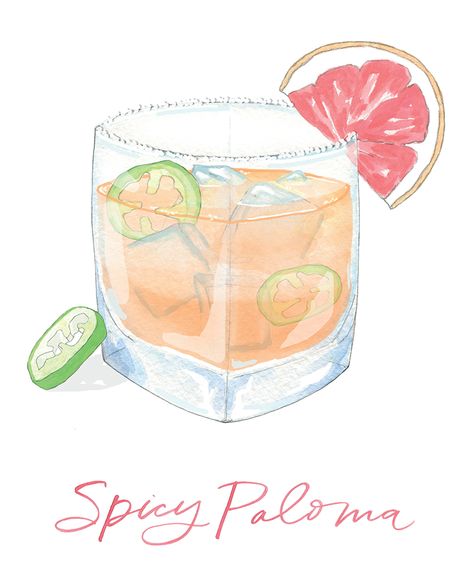 NEW ON THE BLOG: We're making a toast to the end of summer with a Spicy Paloma cocktail! Find the recipe on fluttermag.com | illustration by Sara Fitz | Recipe by Bit By A Fox | Hand Lettering by Nicole Miyuki Paloma Cocktail Drawing, Spicy Margarita Illustration, Watercolor Margarita, Spicy Paloma, Alcohol Illustration, Paloma Drink, Recipe Watercolor, Cocktails Drawing, Cocktails Clipart