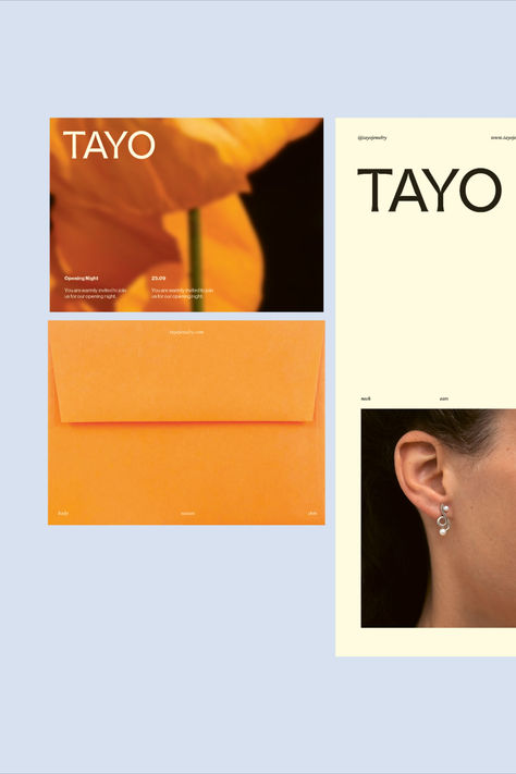 Graphic design of stationary for jewelry brand TAYO. Design by SOMEKIND studio Stationary Graphic Design, Email Blast Design Inspiration, Fun Sophisticated Branding, A A Logo Design, Sparkle Branding, Makeup Graphic Design, Stationary Design Branding, Youthful Branding, Jewelry Branding Design