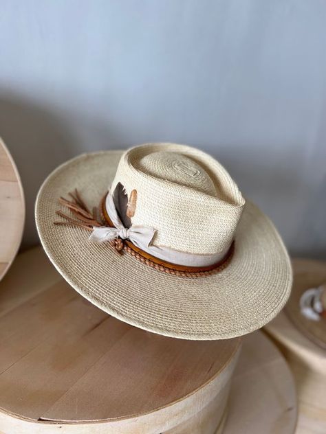 Personalized Hats For Women, Rhinestone Hat Band, Straw Hat With Feathers, Braided Leather Hat Band, How To Decorate Wide Brim Hat, Custom Straw Cowboy Hats, Diy Hat Bands Fabric, Straw Hat Band Ideas, Diy Hat Bands For Women