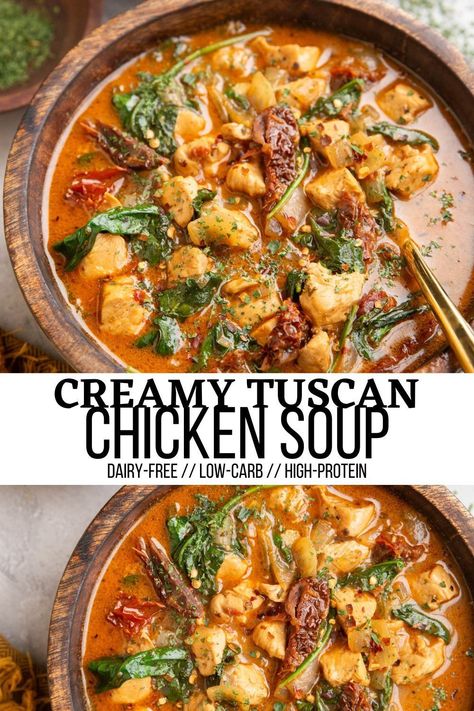 Tuscan Chicken Soup features rustic flavors for a hearty and delicious soup! Made dairy-free, this healthy soup recipe is low-carb, high protein and the perfect weeknight meal! #paleo #dairyfree #soup #chicken #healthy #paleo #whole30 Whole Chicken Soup Recipes Homemade, Best Dairy Free Soup, Tuscan Chicken Noodle Soup, Df Soup Recipes, No Carb Chicken Soup, Healthy Dairy Free Soup Recipes, Soups Recipes With Chicken, Healthy Hardy Soups, Tuscan Chicken Soup Recipes