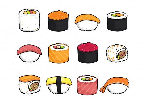 Sushi Drawing, Sushi Cartoon, Japan Sushi, 귀여운 음식 그림, Sushi Art, Sushi Set, Cute Food Drawings, Food Stickers, Cute Kawaii Drawings