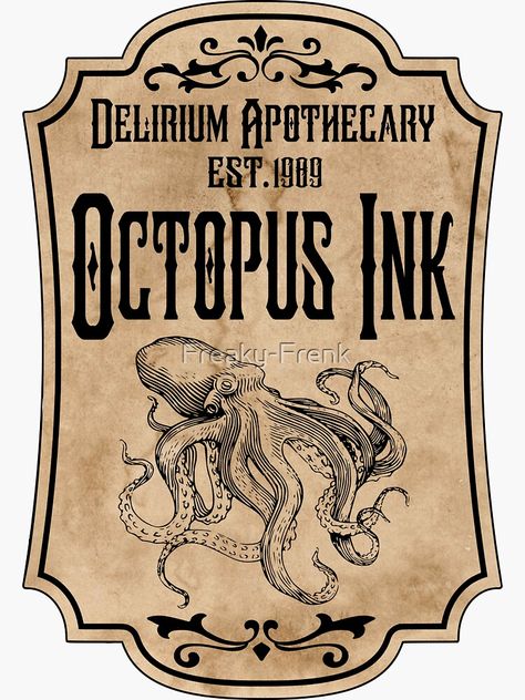 "Octopus Ink potion label" Sticker for Sale by Freaky-Frenk | Redbubble Apothecary Halloween, Halloween Apothecary Labels, Vintage Wine Label, Vintage Octopus, Halloween Apothecary, Harry Potter Potions, Apothecary Labels, Potion Labels, Halloween Potions