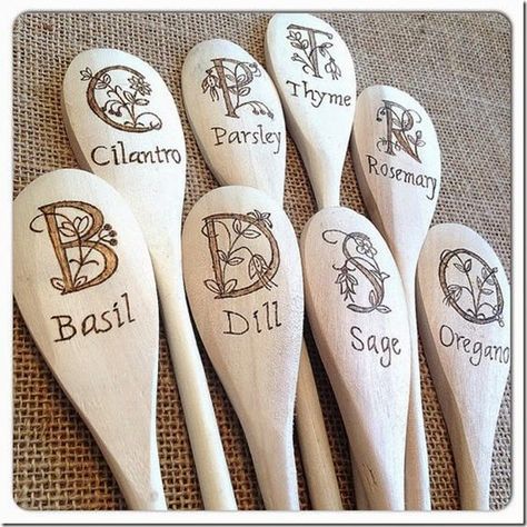 Herb Garden Markers, Garden Plant Markers, Herb Markers, Wood Burning Crafts, Wood Burning Patterns, Garden Markers, Plant Markers, Wood Burning Art, Diy Planters