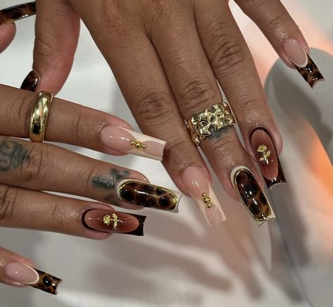 Nails Inspo 2024 Fall, Nails With Pictures On Them, Abstract Nail Designs Square, Black And Gold Freestyle Nails, Fall Nail Square, Gold And Burgundy Nail Designs, Nails Square Long Blue, Brown Bday Nails, Maximalist Nails Fall