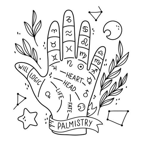 Palmistry read theme Free Vector | Free Vector #Freepik #freevector #hand #art #future #palm Free Witchy Coloring Pages, Witchcraft Art Drawing, Witchcraft Doodles, Palmistry Tattoo, Spiritual Doodles, Palmistry Art, Hand Reading, Witchcraft Art, Time Illustration