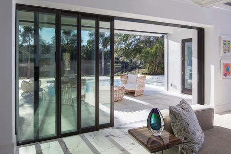 Sliding Door Sunroom, Long Sliding Glass Doors, La Cantina Sliding Doors, Sliding Doors Outside, Sliding Doors To Pool, Sliding Doors To Backyard, Full Wall Sliding Glass Doors, Modern Enclosed Patio, Modern Sliding Doors Patio