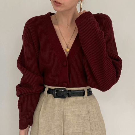 Deux Birds, Wardrobe Aesthetic, Academia Outfits, Oxblood Red, Academia Fashion, Cardigan With Pockets, Fame Dr, Cardigan Outfits, Minimal Style