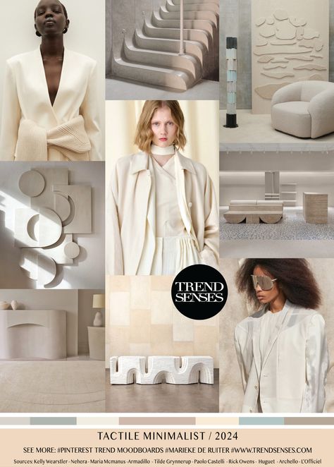 TACTILE MINIMALIST// 2024 – Trendsenses #mariekederuiter #mood #trend #moodboard #2024 #forecasting - Sources: Kelly Wearstler – Nehera – Maria Mcmanus -Armadillo – Tilde Grynnerup – Paolo Castelli – Rick Owens – Huguet – Archello – L’Officiel Trend Senses, Trend Moodboard, Fashion Trending Moodboard, Simple Complex, 2025 Trends, Trends 2025, Digital Fashion, Kelly Wearstler, 2024 Trends