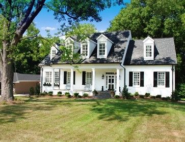 Owens Residence - traditional - Exterior - Other Metro - Labella Associates, PC White House With Black Shutters, House With Black Shutters, Black Gutters, Cape Cod House Exterior, Black Shutters, Ranch Remodel, House Remodeling, Brick Ranch, Exterior Renovation