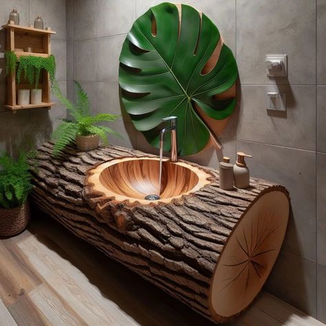 Wood inspired bathroom sink Creative Sink Ideas, Sink Trends, Contemporary Sink, Carving Furniture, Weathered Wood Finish, Wood Working Projects, Copper Sink Bathroom, Wood Carving Furniture, Zen Bathroom