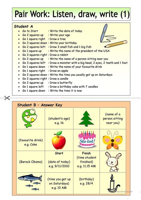 Pair Work: Listen, draw, write (1) - English ESL Worksheets for distance learning and physical classrooms Listening Skills Worksheets, Esl Listening Activities, Draw Template, Listening English, Listening Games, Cursive Writing Worksheets, Teaching Game, Teaching English Grammar, First Day Of School Activities