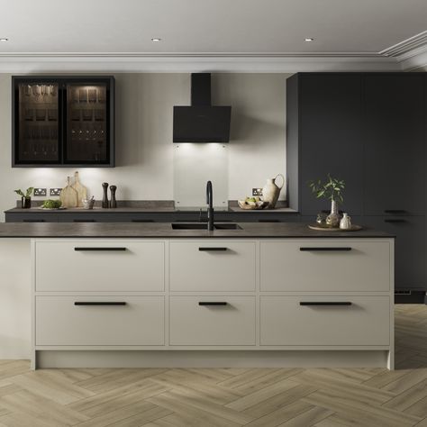 If you are looking for modern kitchen ideas, two tone kitchen ideas or in-frame kitchen ideas then have a look at our Hockley Super Matt Sandstone In-Frame cream kitchen cabinets and Hockley Super Matt Charcoal In-Frame black kitchen cabinets. This modern in-frame cream kitchen and in-frame black kitchen is the perfect addition to a contemporary home design. Pair with oak herringbone kitchen flooring, a black compact laminate worktop and black bar handles. Cream Kitchen With Black Worktop, Cream Kitchen Cabinets Black Handles, Kitchen Ideas Cream Color, Beige Black Kitchen Modern, Kitchen Ideas Dark Worktops, Black And Sand Kitchen, Cashmere Kitchen Black Worktop, Cream Kitchen With Black Accents, Kitchen Ideas Black Worktops