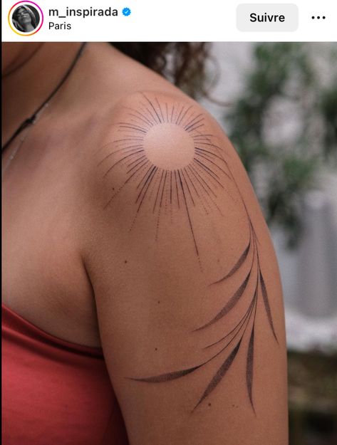 Sunshine Shoulder Tattoos For Women, Shoulder Sun Rays Tattoo, Sun Collarbone Tattoo, Boho Shoulder Tattoo, Tattoos Shoulder Women, Sunray Tattoo, Back Shoulder Tattoos For Women Unique, Around Shoulder Tattoo, Sun On Shoulder Tattoo