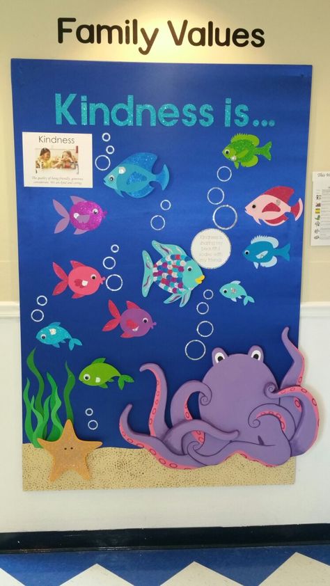 Rainbow Fish Kindness Board Rainbow Fish Display Board, Rainbow Fish Bulletin Board Ideas, Rainbow Fish Theme Party, Rainbow Fish Display, Fish Decorations For Classroom, Rainbow Fish Classroom Door, Rainbow Fish Classroom Theme, Fish Bulletin Board Ideas, Rainbow Fish Bulletin Board