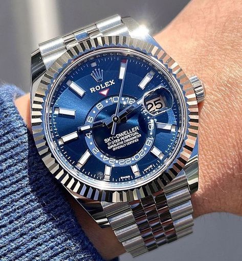 Rolex World on Instagram: "The Sky Dweller featuring a blue dial and a Jubilee bracelet. • Credit: @kuro_r32 • #rolexworld #rolexskydweller #skydweller #watchessentials #wristgame #wristshot #wristi #watchonmywrist #rolexwrist #orologio #orologiouomo #luxurywatches #watchesofinsta #watchphotography #swissmadewatch #watchmania #watchcollecting #watchfam #instawatches #wristi #wristcheck #watchpassion #rolexwatch #watches #luxury #rolex" Rolex Skydweller Blue, Rolex Sky Dweller Blue, Rolex Sky Dweller, Rolex Blue, Scott Evans, Wear Watch, Sky Dweller, Rolex Watches For Men, Swiss Made Watches