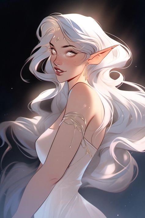 Elf Woman White Hair, Dnd Princess Character, Elf Oc Art, White Haired Elf, Fae Character Design, Dnd Fae, Elf Character Design, Elf Oc, Elven Woman