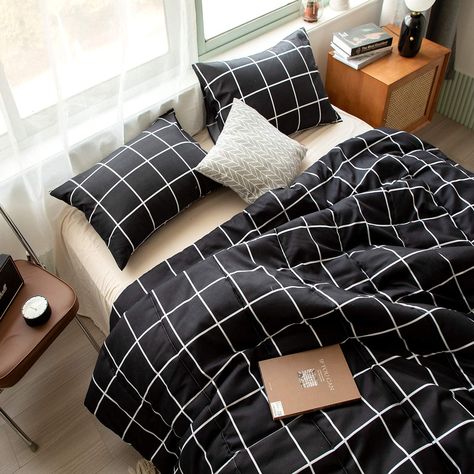 Black White Bedding, Black Comforter Sets, Aesthetic Bedding, Black Bed Set, Plaid Comforter, Geometric Bedding, Black Comforter, White Bed Set, Twin Comforter Sets