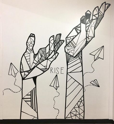 tape mural of two hands Tape Mural, Mural Drawing, Tape Wall Art, School Murals, Tape Art, Art Curriculum, Murals Street Art, Collaborative Art, High School Art