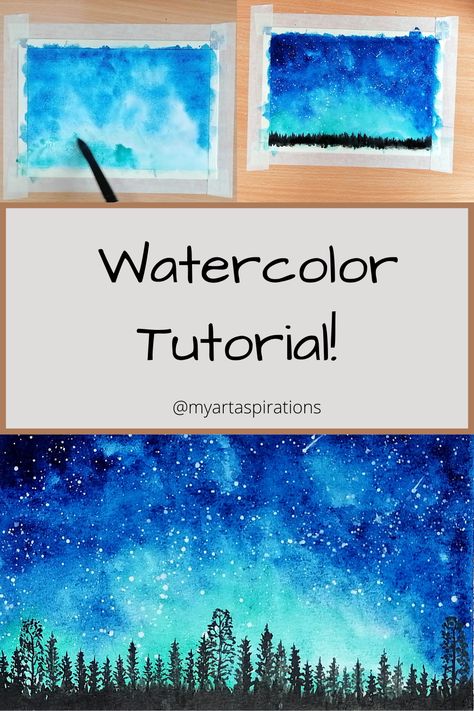 How To Paint Starry Night Watercolor, How To Draw A Starry Night Sky, Watercolour Night Sky Tutorial, Watercolor Paint Night Ideas, Watercolor Glow Effect, Watercolour Starry Night, Night Sky Watercolor Tutorial, Watercolour Northern Lights Tutorial, Night Sky Watercolor Paintings Easy