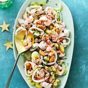 Seven Fishes Seafood Salad Recipe | Poach | Hannaford Seafood Salad Recipe, Feast Of The Seven Fishes, Holiday Recipies, 7 Fishes, Sea Food Salad Recipes, Seven Fishes, Favorite Christmas Recipes, Seafood Menu, Printable Recipes