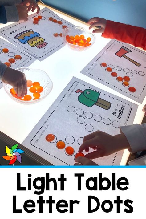 These letter dots help students master one of the most crucial steps to pre-writing – letter identification. Students gain familiarity with the shapes of the letters by placing the dots in the indicated spaces. More advanced students still enjoy the activity as review, or practice oral language, letter sounds, and more! Light Table Math Activities Preschool, Light Pad Activities, 5 Senses Light Table, Light Table Kindergarten Ideas, Back To School Light Table Ideas, Light Table Alphabet Activities, Light Table Letter Activities, Preschool Bead Activities, Thanksgiving Light Table Preschool