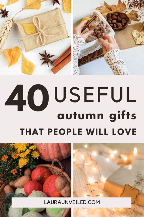 a pin that says in a large font 40 Useful Autumn Gifts that People Will Love Fall Friend Gift Ideas, Fall Bday Gift Ideas, Fall Gifts For Women, Gifts For Fall Lovers, Fall Gifts For Neighbors, Autumn Gifts Ideas, Fall Party Gifts, Fall Birthday Basket Ideas, Fall Gift Basket Ideas For Friends