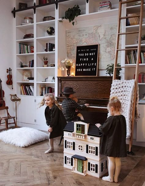 Built ins around piano. Love this by White Shanty Design! Piano Room Decor, Piano Living Rooms, Home Library Rooms, Home Music Rooms, Piano Decor, Piano Room, Home Library Design, Home Library, A Living Room