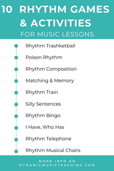 Infographic of 10 rhythm games & activities for kids. Music Class For 3rd Grade, Teaching Rhythm To Elementary, Jazz Lessons For Elementary Music, Music And Math Integration, Music Week Activities, Rhythm Activities For Elementary, Grade 1 Music Activities, Music Class Lesson Plans, Music Teacher Resources