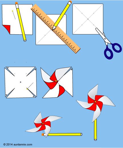 Illustration of how to make the Easy Pinwheel Pinwheel Craft, Paper Windmill, Diy Pinwheel, Pinwheels Paper, Camping Crafts, Summer Crafts, Spring Crafts, Toddler Crafts, School Crafts