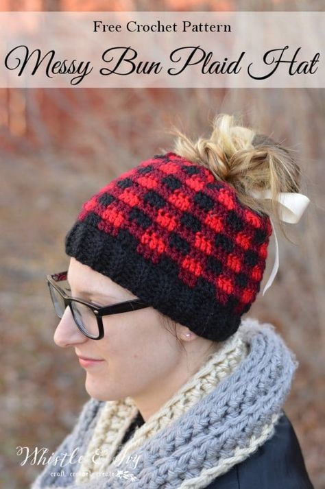 Crochet Plaid Messy Bun Hat - Free Crochet Pattern - Whistle and Ivy Buffalo Plaid Crochet Hat, Buffalo Plaid Knitting Pattern, Ponytail Hat Crochet Free Pattern, Buffalo Plaid Crochet, Crochet Ponytail Beanie, Crochet Ponytail Hat Pattern, Messy Bun Hat Crochet Pattern, Ponytail Hat Pattern, Bun Hat Crochet Pattern