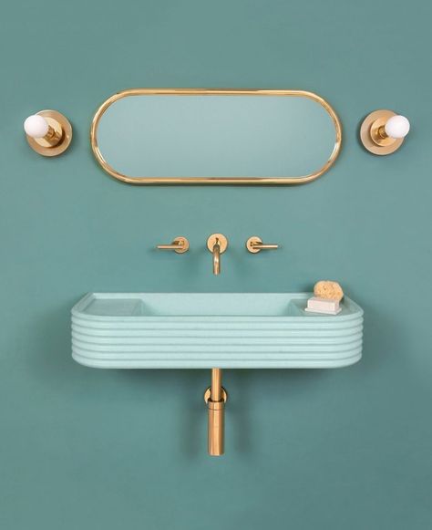 9 Colorful Bathroom Sink Ideas That Put Traditional White Basins to Shame | Hunker Cement Sink, Cabinets Design, Wall Mounted Taps, Trough Sink, Wall Mounted Sink, Concrete Basin, Basin Design, Curved Walls, Bathroom Trends