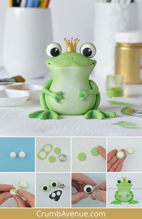 cute fondant frog cake topper, how to make a fondant frog, cute fondant animals, crumb avenue tutorials, frog prince, fairy tale, kids birthday, boy, 1st birthday, simple and easy to make, step by step tutorial, cake decorating, gum paste, modelling paste, sugarpaste, cake craft, sugar art, kids crafts, ribbit, gold crown, toad, bullfrog, pond cake theme Fondant Frog Tutorial, Clay Frog Tutorial Step By Step, Easy Frog Cake Birthdays, Frog Birthday Ideas, Frog Pond Cake, Fondant Animals Step By Step, Easy Frog Cake, Fondant Cakes Ideas, Cute Fondant Cakes