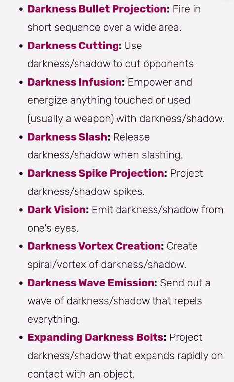 Dark Magic Powers Ideas, Villain Power Ideas, List Of Powers And Abilities Mind, Superpower Ideas Character Inspiration, Umbrakinesis Power, Dark Powers List, Umbrakinesis Aesthetic, Super Power Ideas, Power Ideas For Ocs