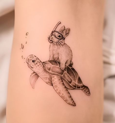 30 Amazing Animal Tattoo Ideas No One Can Resist Turtle Rabbit Tattoo, Animal Hybrid Tattoo, Turtle And Hare Tattoo, Cool Rabbit Tattoo, Tasmania Tattoo Ideas, Turtle Sleeve Tattoos For Women, Turtle And Rabbit Tattoo, Space Turtle Tattoo, Black And White Turtle Tattoo