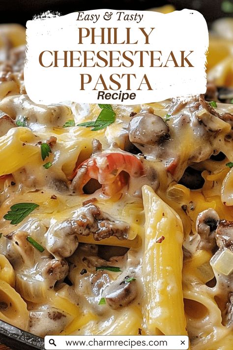 Philly Cheese Pasta Recipes, Italian Dishes With Steak, Classic Philly Cheesesteak Pasta, Philly Cheesestake Pasta, Healthy Philly Cheese Steak Pasta, Philly Cheesesteak Pasta Recipe, Pasta Entree Recipes, Philly Cheesesteak Pasta Bake, Philly Cheese Steak Alfredo Pasta