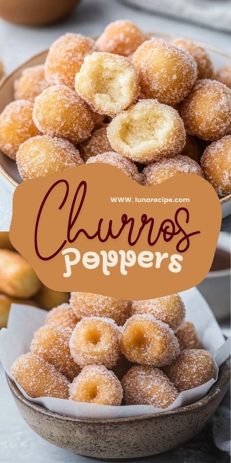 These Churro Poppers are easy to pop in your mouth and even easier to fall in love with! 🍩✨ Bite-sized churros coated in cinnamon sugar, they’re perfect for parties, snacking, or dessert. Crispy on the outside and soft on the inside, these sweet treats are impossible to resist.

📌 Pin this recipe to make irresistible churro poppers that everyone will love!
#ChurroPoppers #SweetSnacks #EasyDesserts #PartyFood #CinnamonSugar #BiteSizedTreats Churro Poppers, Churro Dessert, Easy Churros, Easy Churros Recipe, Churro Bites, Fried Dessert, Easy Donuts, Churros Recipe, Poppers Recipe