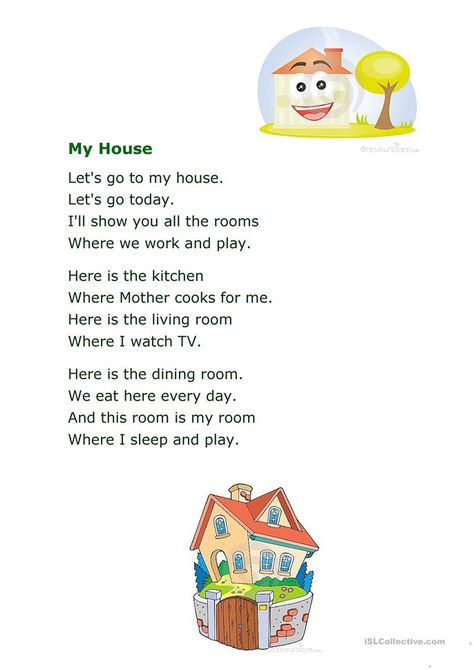 Poem My House - English ESL Worksheets for distance learning and physical classrooms My House Worksheet, House Worksheet, Preschool Poems, English Poems For Kids, Poem About Myself, Poems About School, English Poems, English Rhymes, Home Poem