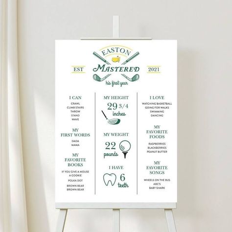 Milestone First Birthday Board, Master Birthday Party, Masters 1st Birthday, First Birthday Masters Theme, Golfing First Birthday, 1st Birthday Party Golf Theme, Masters Golf Birthday Party, Masters Baby Birthday, One Year Golf Party