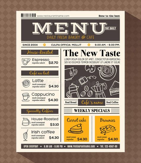 Newspaper Wedding Invitations, Menu Design Inspiration, Cafe Menu Design, Menu Illustration, Menue Design, Menu Design Template, Graphic Design Infographic, Coffee Menu, Leaflet Design