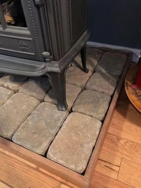 Wood Stove Base Ideas, Pellet Stove Wall Ideas, Wood Burning Stove Platform, Cabin Wood Stove Surround, Wood Stove Hearth Pad Ideas, Stone Hearth Wood Stove, Wood Stove Flooring, Pellet Stove Hearth Ideas, Diy Wood Stove Hearth