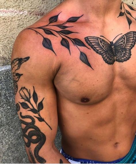 Mens Butterfly Tattoo, Collar Bone Tattoo For Men, Front Shoulder Tattoos, Ma Tattoo, Backpiece Tattoo, Small Chest Tattoos, Torso Tattoos, Flame Tattoos, Mens Shoulder Tattoo