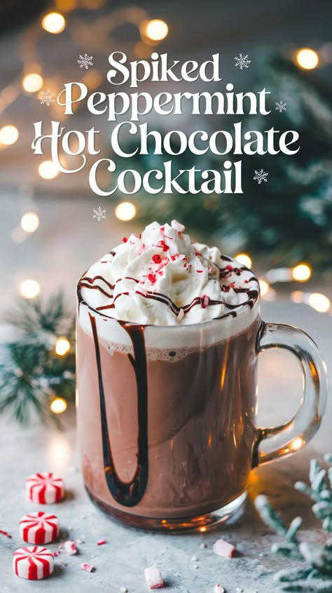 "Indulge in the ultimate winter treat with this Spiked Peppermint Hot Chocolate Cocktail Recipe! Perfect for cozy nights, this delicious drink combines rich cocoa with a splash of Peppermint Schnapps and Whipped Vodka for a festive twist. Top it off with fluffy whipped cream for the perfect finishing touch. Discover more Chocolate Cocktail Recipes and elevate your holiday gatherings with this irresistible Hot Chocolate Cocktail.!" Spiked Hot Cocoa Recipes, Spiked Peppermint Hot Chocolate, Peppermint Schnapps Recipes, Peppermint Schnapps Hot Chocolate, Peppermint Schnapps Drinks, Hot Chocolate Alcoholic Drinks, Cocoa Cocktail, Chocolate Alcoholic Drinks, Christmas Cocktails For A Crowd