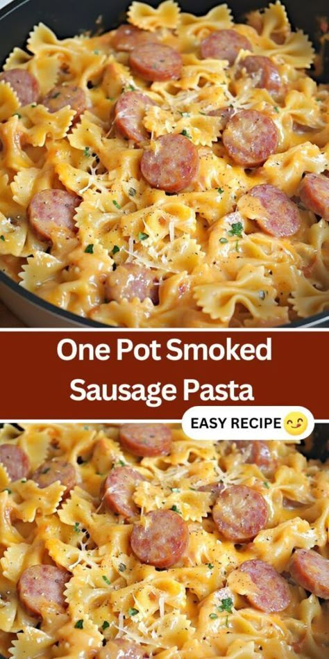 Discover the ultimate one-pot meal with this Smoked Sausage Pasta recipe. Featuring hearty smoked sausage, tender bow tie pasta, and a creamy tomato sauce, this easy dinner is packed with flavor and ready in just 30 minutes. Perfect for busy weeknights, this dish combines convenience with comfort, and the addition of cheddar cheese makes it extra satisfying. Ideal for families and meal prepping! One Pot Smoked Sausage Pasta, One Pot Smoked Sausage, Smoked Sausage Recipes Pasta, Cheesy Sausage Pasta, Bow Tie Pasta Recipe, Sausage Pasta Recipe, Mac And Cheese Healthy, Smoked Sausage Pasta, Hotdish Recipes